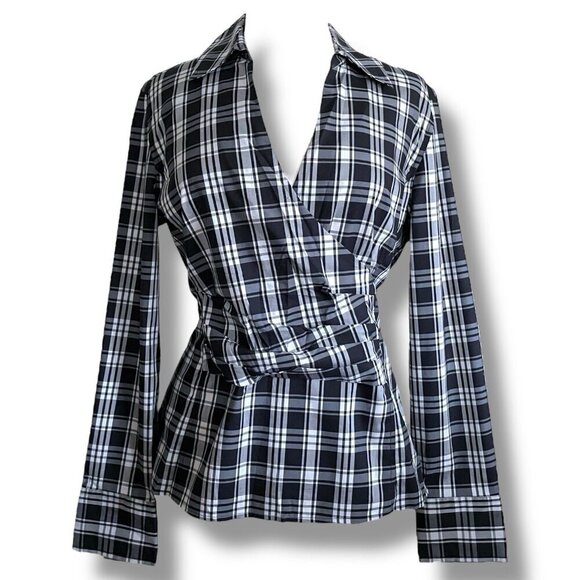 Talbots Tops - Talbots Womens Blouse Sz 12 Black White Plaid Stretch Cotton Faux Wrap Top Shirt